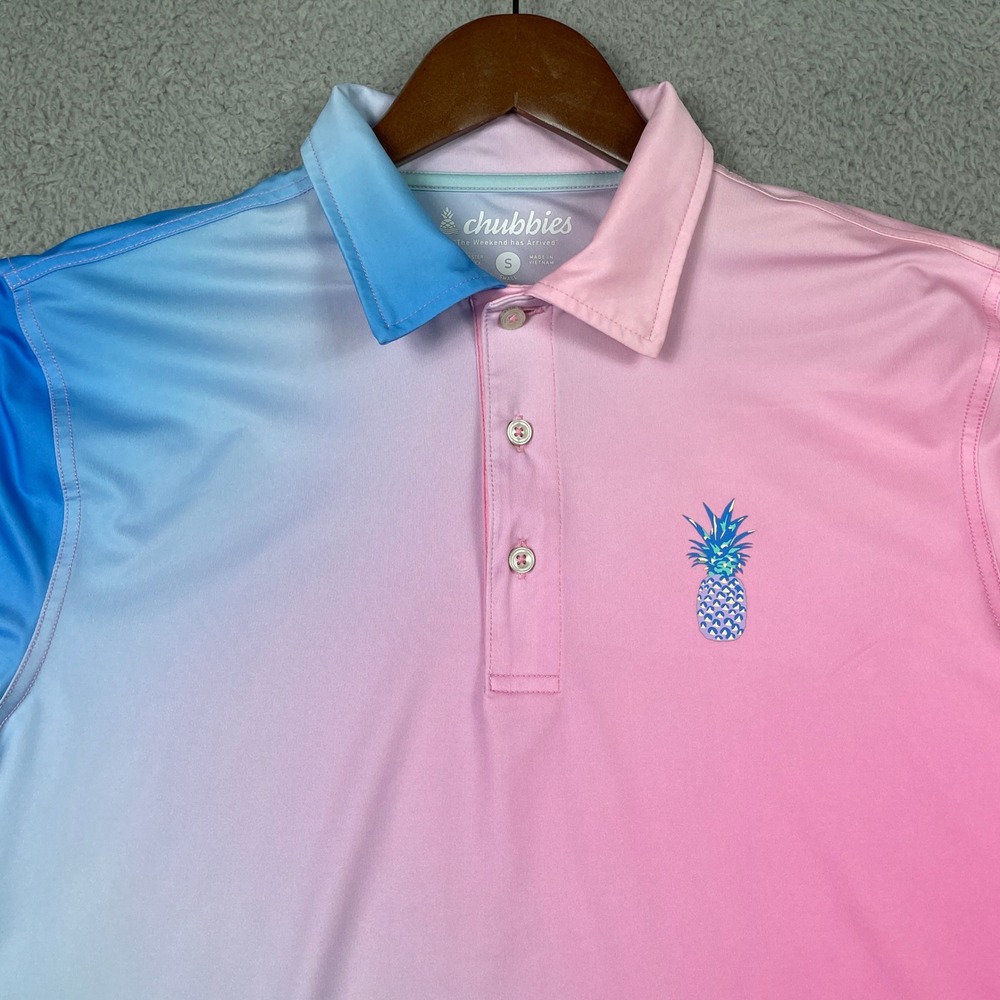 Chubbies The Gradient Performance Polo Mens Small Pink Blue Ombre Pineapple Golf